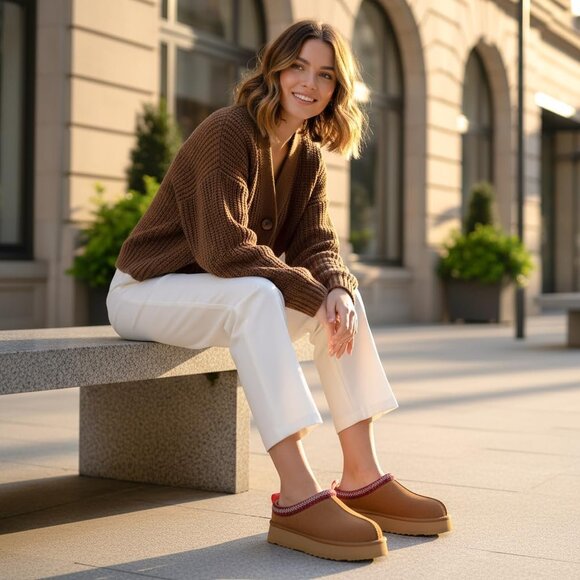 Fuzzy Chestnut Platform Slippers for Women – Stylish Winter Comfort Size 8-8.5 - Picture 8 of 9